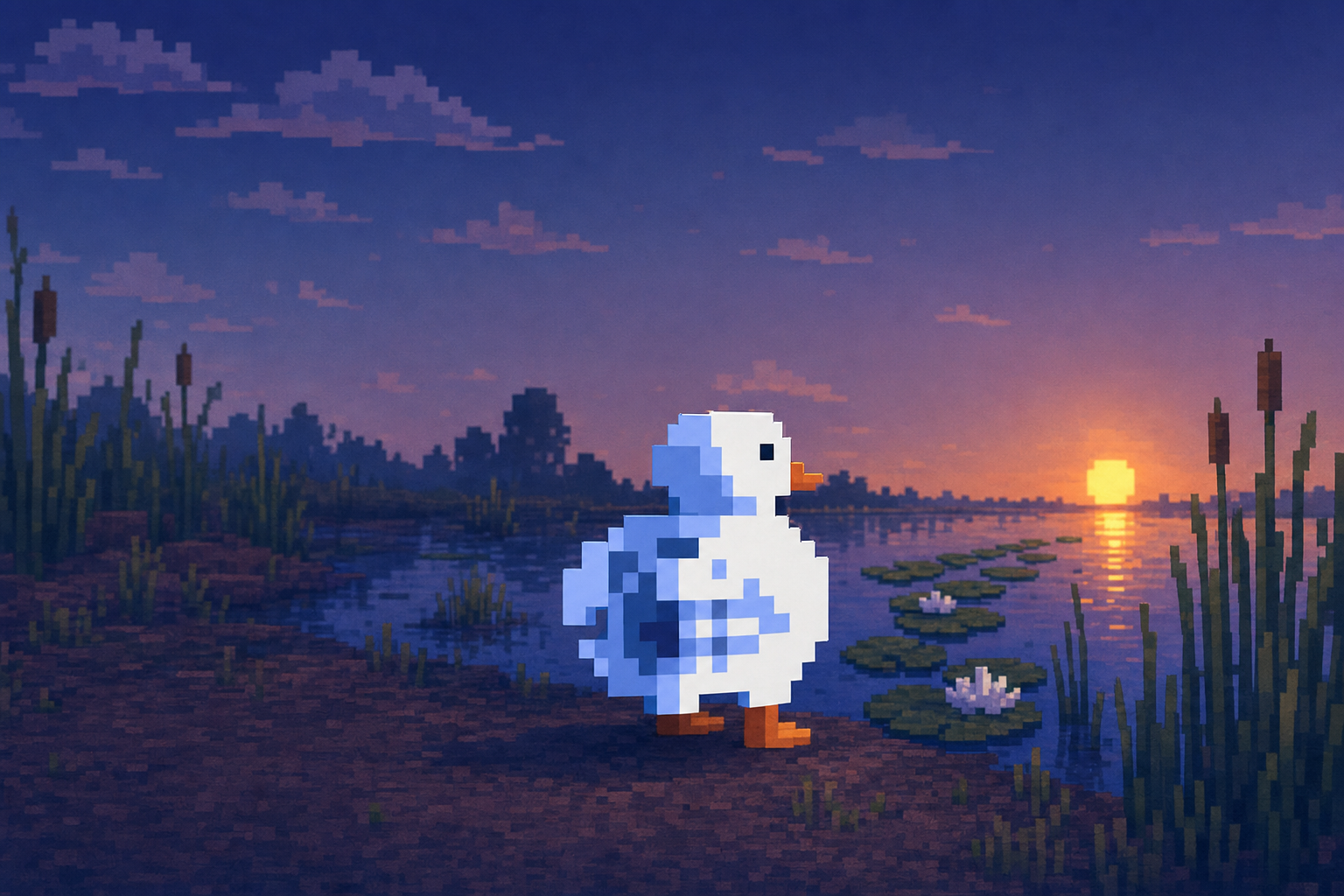Quackbit, a pixel-art duck, standing on a pond shore among cattails and lily pads as the sun sets
